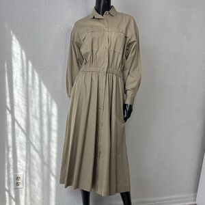 VTG 90s Classic Button-Front Shirt Dress in Khaki with Pockets